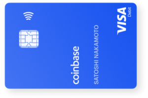Coinbase Debit Card showing a man holding a debit card with the Coinbase logo on it